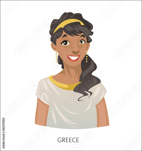 Digital vector funny cartoon smiling greek woman in national dress, black curled hair, abstract flat style
