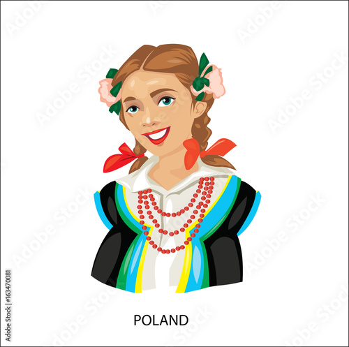 Digital vector funny cartoon smiling poland woman in national dress with beads, flowers in hair, abstract flat style