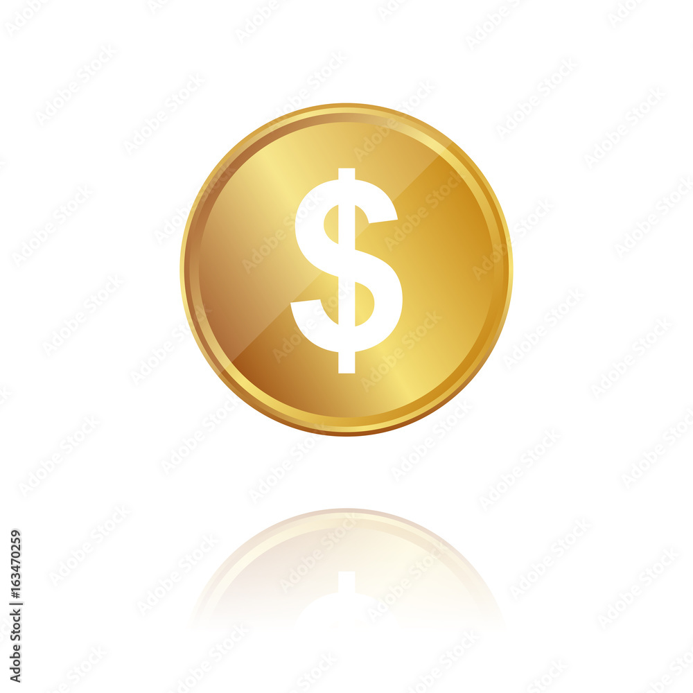 Dollar - Währung - Gold Münze mit Reflektion Dollar - Währung - Gold Münze mit Reflektion