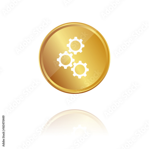 mehrere Zahnräder - Gold Münze mit Reflektion