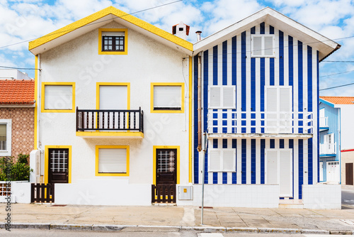 Typical wooden houses with colorful stripes in Costa Nova. Aveiro. Portugal.