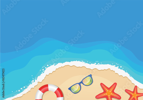 Vector illustration beach view with sun glasses, sea stars, buoy and free space for text or logo, design template