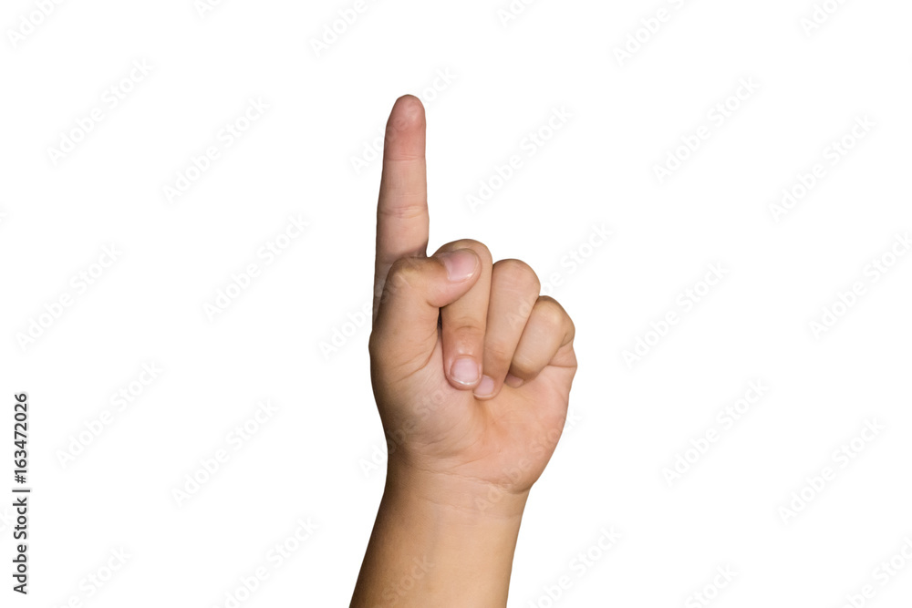 The boy's hand is show the index finger The boy's hand is show the index finger