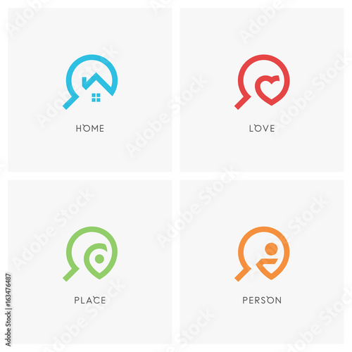 Search logo set. House or home, heart, address pointer, person and magnifier symbol - realty, love, travel and employment agency icons.
