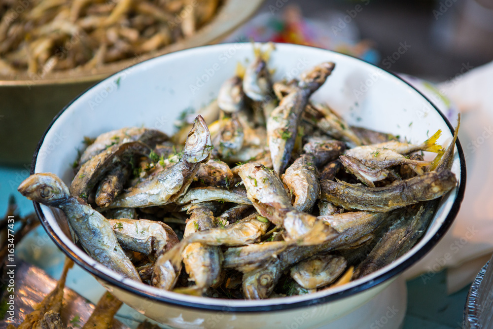 Fried fish. Fish steers. Fish fried in flour with garnish Fried fish. Fish steers. Fish fried in flour with garnish