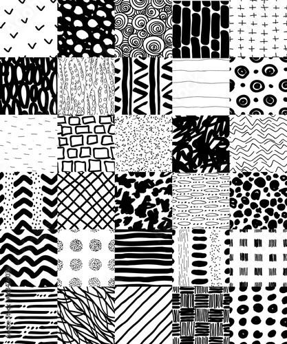 Hand Drawn Seamless Patterns Set. Stripes, smears, spots, dots and circles seamless patterns collection. Black on white reapiting graphic set. Repeating graphic design. Hand drawn elements.