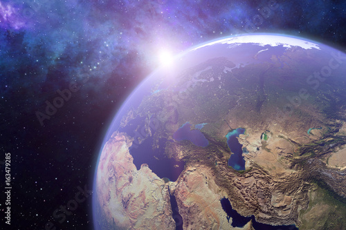 Fototapeta Naklejka Na Ścianę i Meble -  3d Erde mit Sonnenreflektion, Sterne und Weltraumnebel im Hintergrund. 