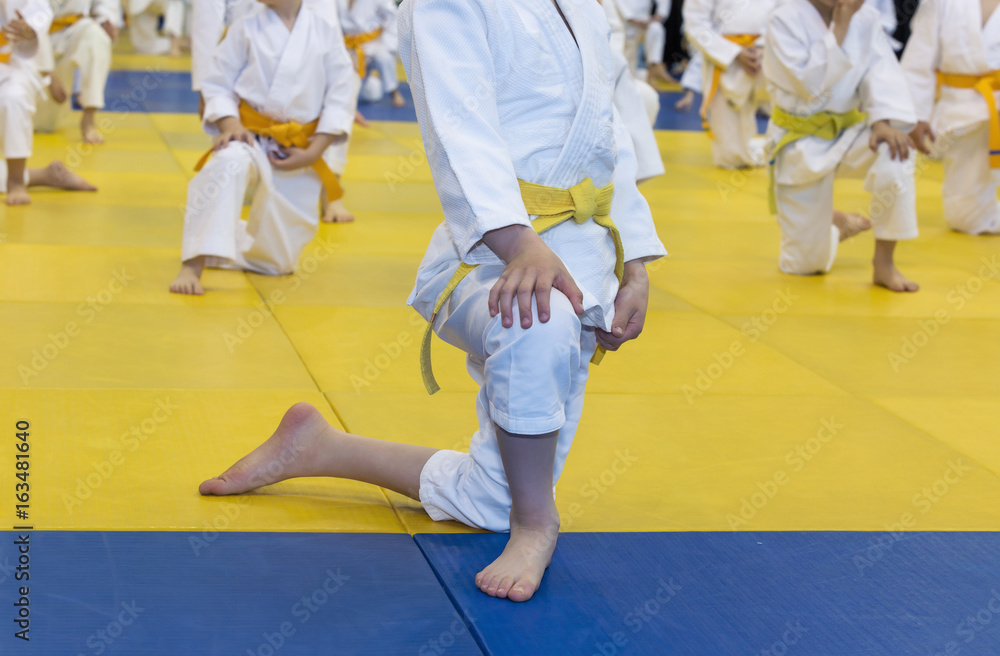 Children in kimono warming up on tatami on martial arts training. Selective focus Children in kimono warming up on tatami on martial arts training. Selective focus