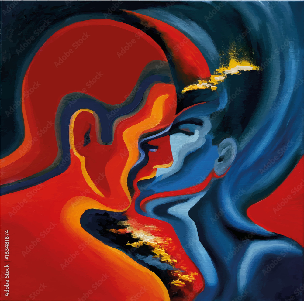 Kiss, abstract blue and red oil painting on canvas, vector traced illustration