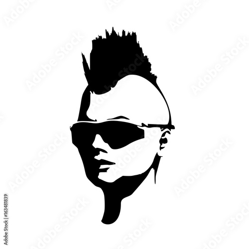 Face half turn view. Elegant silhouette of a female head. Vector Illustration. Mohawk hair style. Monochrome gamma.