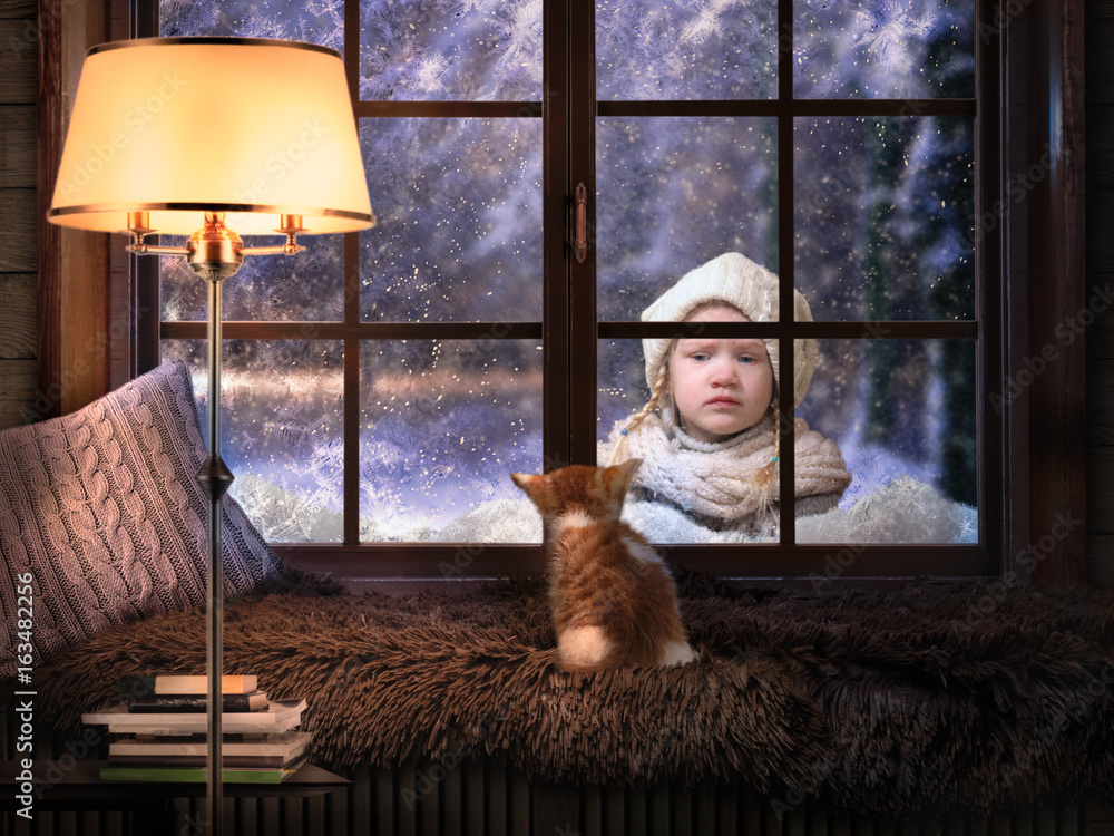 Little kitten in the house on the windowsill looking out the window. Behind  the glass on the street, sad girl. Snow, winter. Night Shine floor lamp  foto de Stock | Adobe Stock