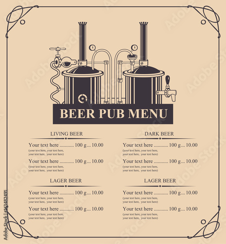 Vector menu for beer pub with price list and beer production in retro style in curly frame.