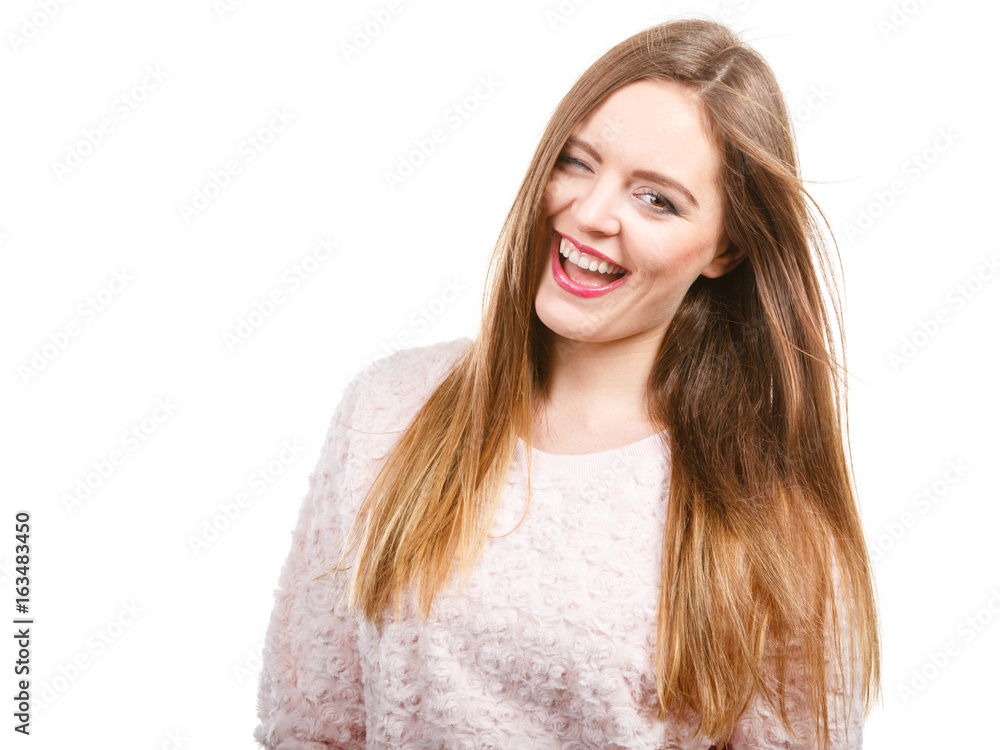 Portrait of happy attractive woman wearing light jumper Portrait of happy attractive woman wearing light jumper