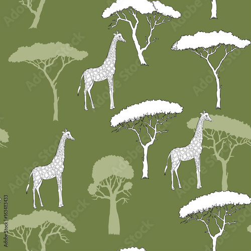 Seamless Pattern with Giraffe and savanna trees