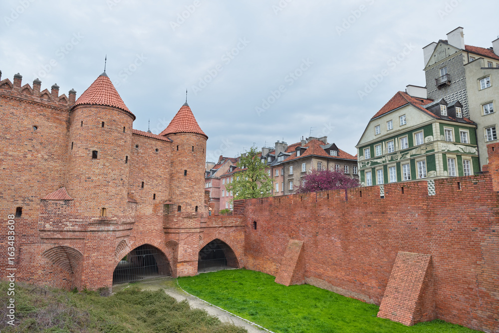 Barbican in Warsaw - ancient defensive brick wall of old fortress