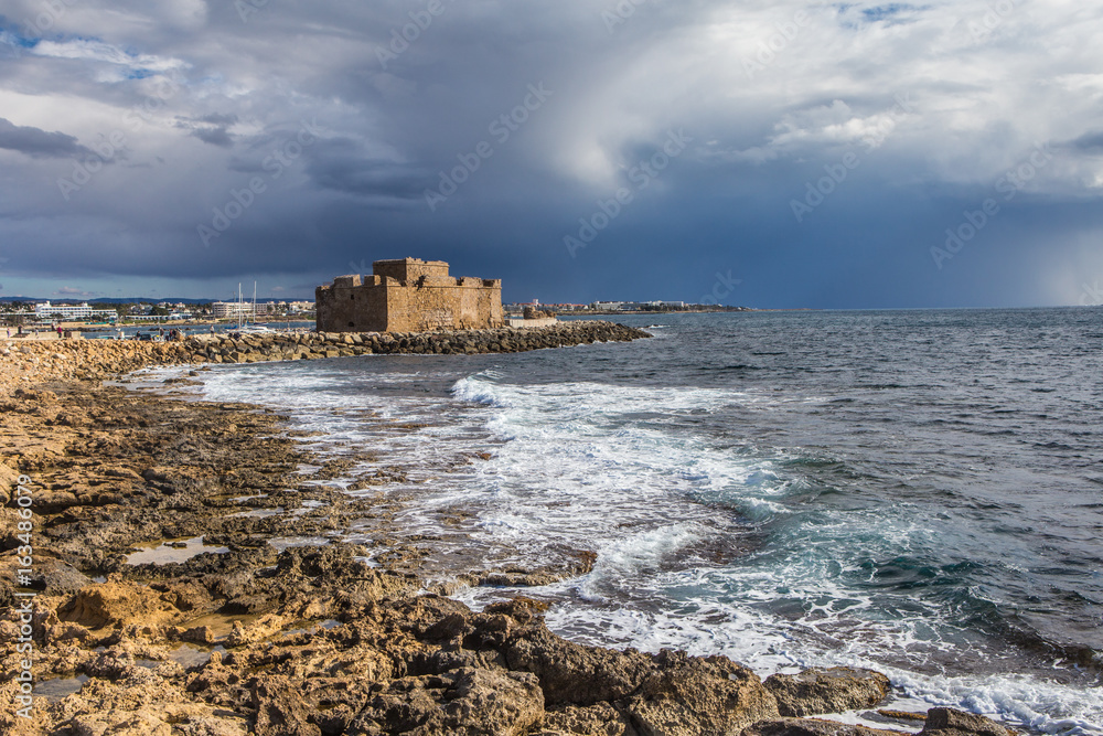 Byzantine castle in the harbor of Paphos, Cyprus, on the shores of the Mediterranean Sea
