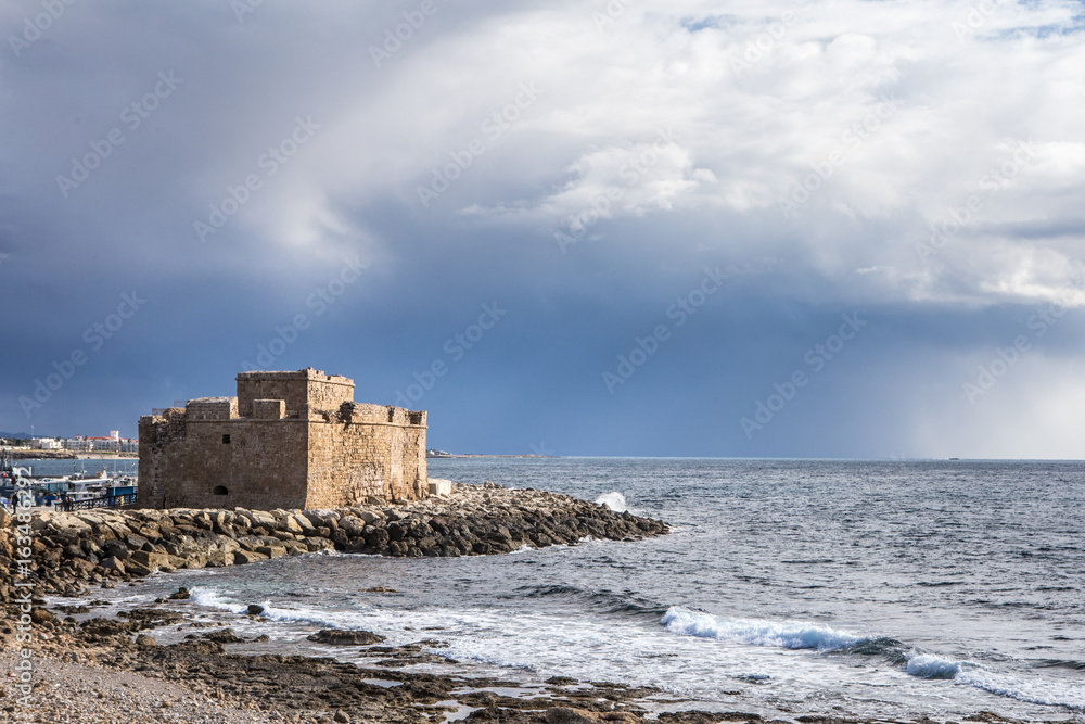 Byzantine castle in the harbor of Paphos, Cyprus, on the shores of the Mediterranean Sea