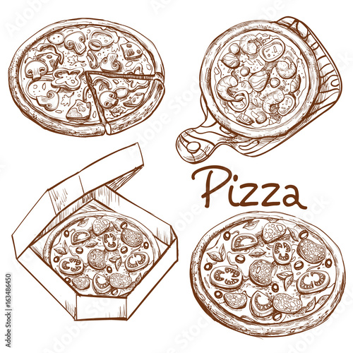 Set of vector illustrations in engraving style, whole pizza and slice, pizza on wooden board, pizza in box for delivery. Prints, templates, design elements for menu, signage, advertisement isolated