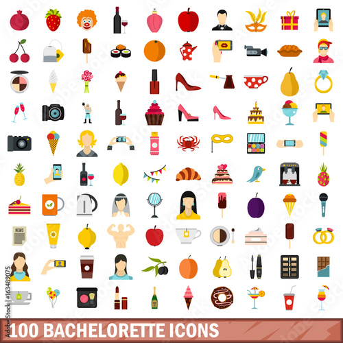 100 bachelorette icons set, flat style