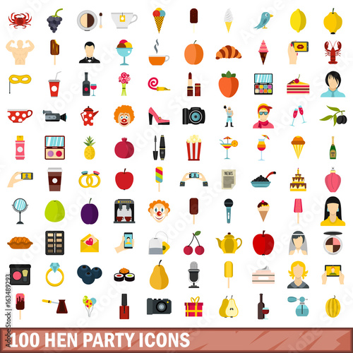 100 hen party icons set, flat style