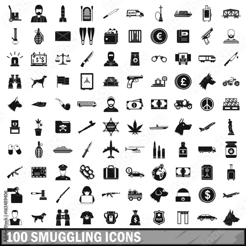 100 smuggling icons set, simple style 