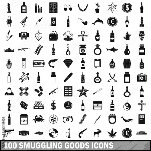 100 smuggling goods icons set, simple style 