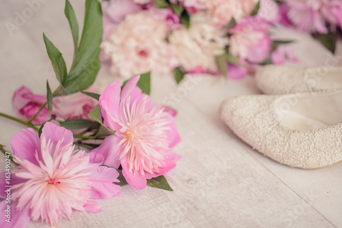 Flowers bouquet pink peone with shoes