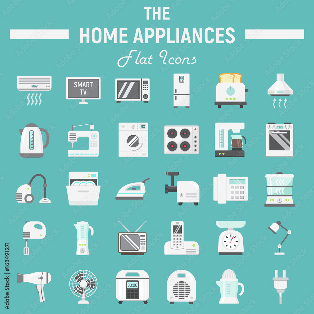Home appliances flat icon set, technology symbols collection, vector sketches, logo illustrations, household colorful solid pictograms package isolated on white background, eps 10. Home appliances flat icon set, technology symbols collection, vector sketches, logo illustrations, household colorful solid pictograms package isolated on white background, eps 10.