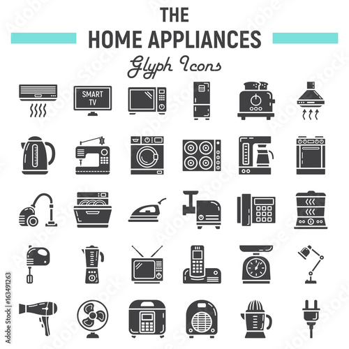 Home appliances solid icon set, technology symbols collection, vector sketches, logo illustrations, household linear pictograms package isolated on white background, eps 10.