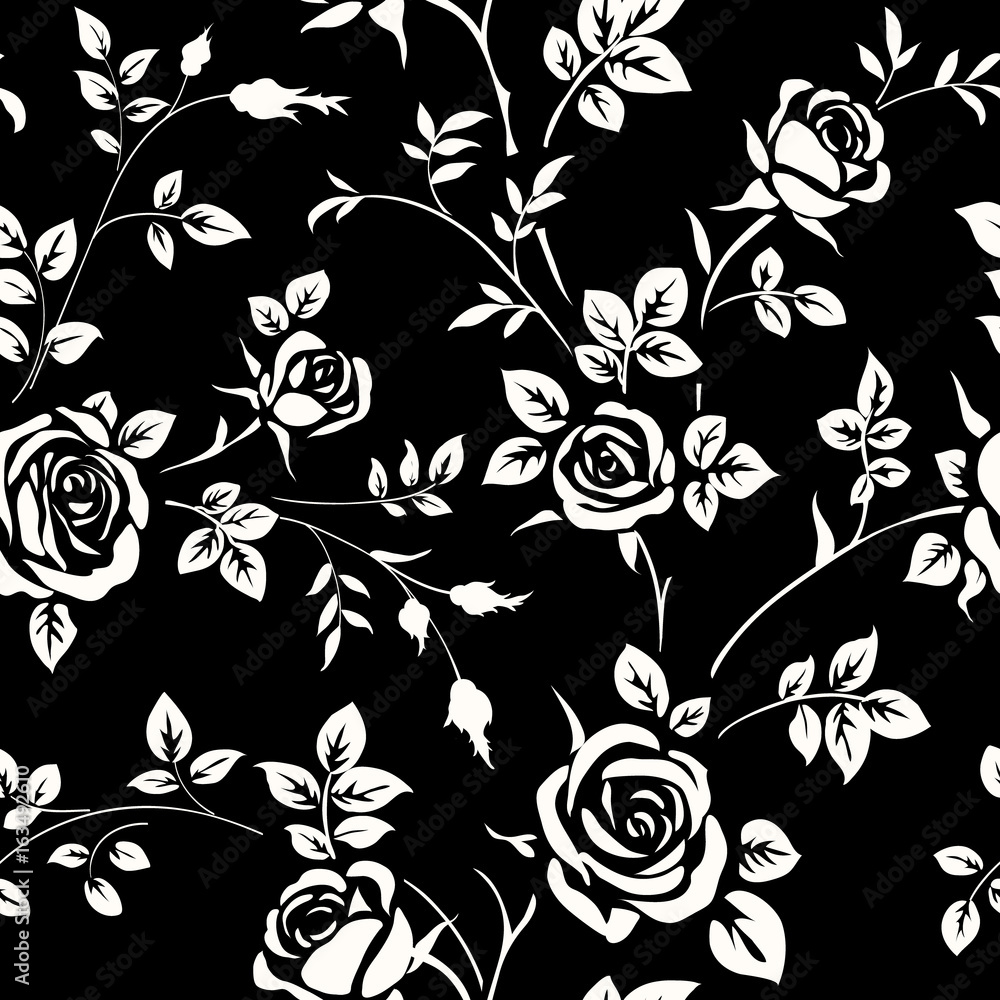 Seamless pattern with white rose silhouette on black background. Floral  wallpaper Stock Vector | Adobe Stock