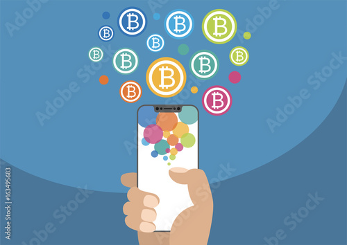 Bitcoin vector illustration with icons. Hand holding modern bezel-free / frameless smartphone on blue background