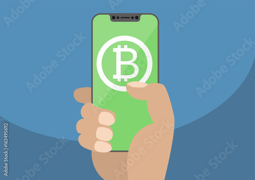 Bitcoin vector illustration. Hand holding modern bezel-free / frameless smartphone with bitcoin symbol displayed on green touchscreen