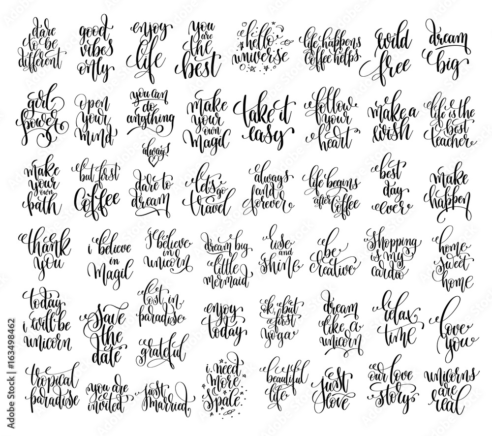 set of 50 black and white hand lettering inscription positive qu