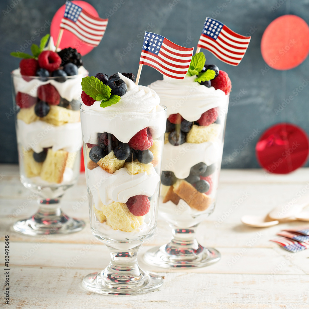 Layered dessert parfait with sweet bread and berries Layered dessert parfait with sweet bread and berries