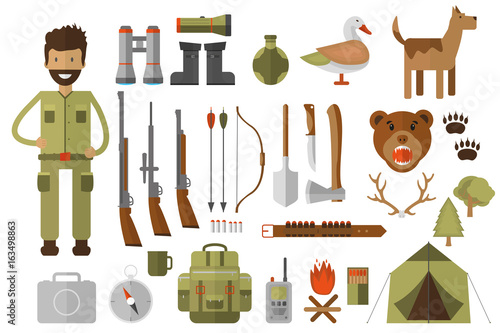 Set of hunting equipment and gear for hunt