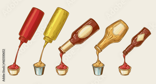 Vector illustration of an engraving style set of different sauces are poured from bottles into bowls. Ketchup, mayonnaise, mustard, chilli sauce and others