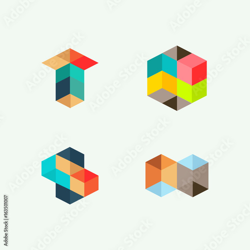 Set of minimal geometric multicolor symbol set, shapes. Trendy icons and logotypes. Trendy symbols collection. Business signs, labels, badges, frames and borders
