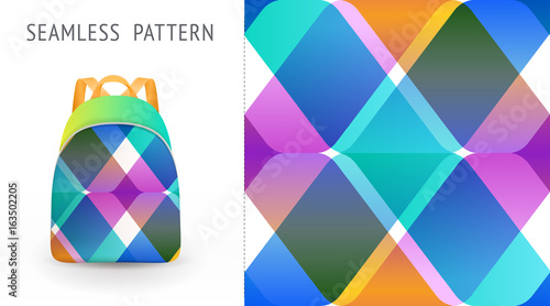 A set of summer seamless multicolor memphis patterns, demonstrated on textile backpack. Can be used for embroidery, print or silkscreen on fabric.