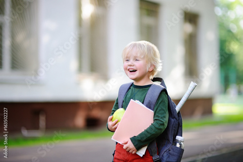 Cute little schoolboy with his backpack and apple. Back to school concept.