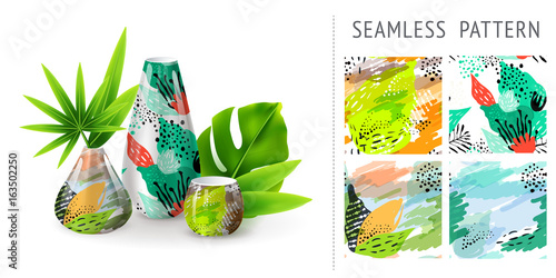 A set of summer seamless unique abstract floral patterns, demonstrated on ceramic vase. Can be used for embroidery, print or silkscreen on fabric.