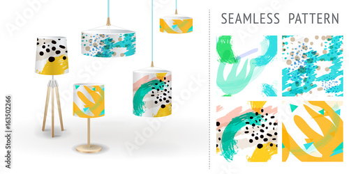 A set of summer seamless unique abstract hand-drawn patterns, demonstrated on textile lampshades. Can be used for embroidery, print or silkscreen on fabric.