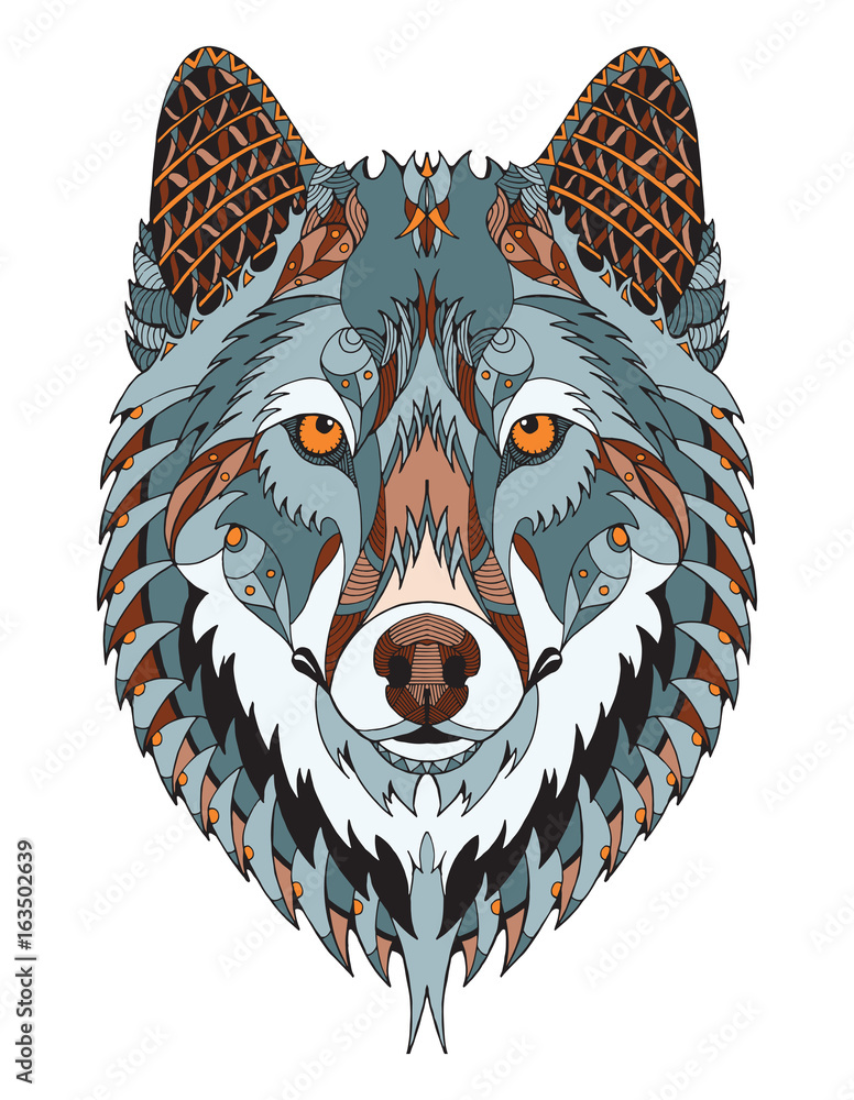 Obraz premium Gray wolf head zentangle stylized, vector, illustration, freehand pencil, hand drawn, pattern. Zen art. Ornate vector. Color.