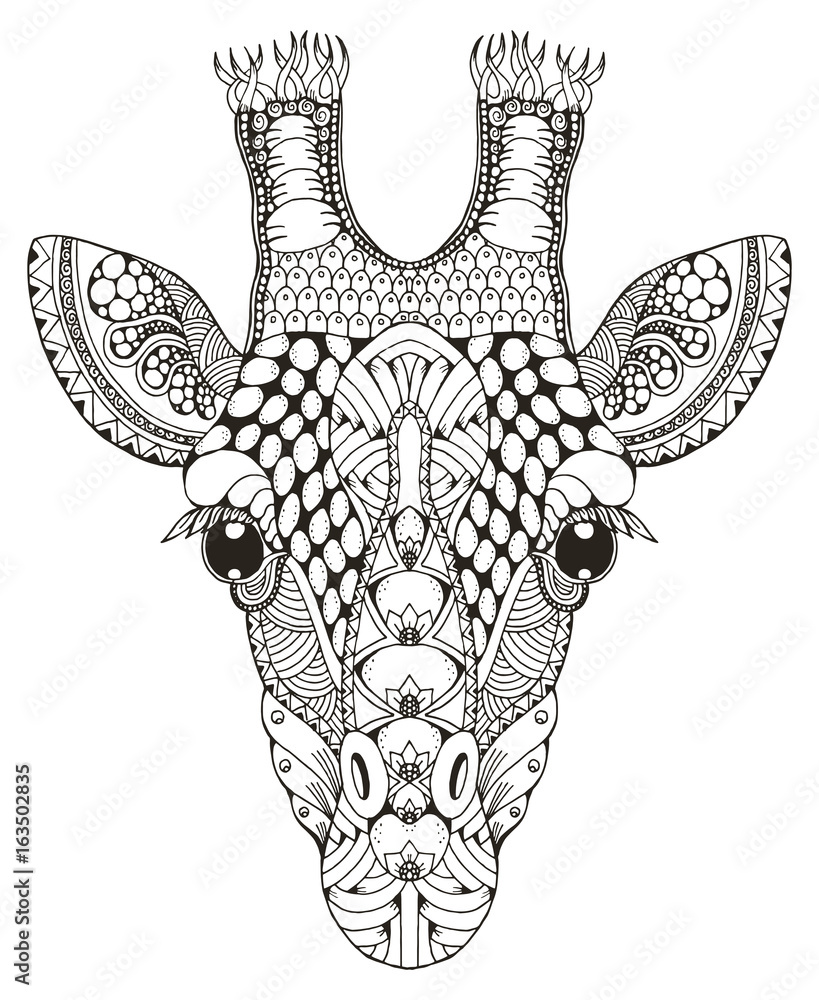 Naklejka premium Zentangle głowa żyrafy stylizowane, ilustracji wektorowych, ołówek odręczny, wyciągnąć rękę, wzór. Sztuka Zen. Ozdobny.