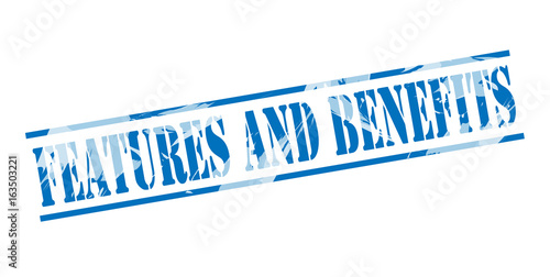 features and benefits blue stamp on white background