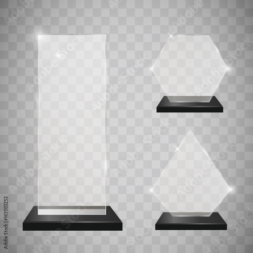 Empty glass trophy awards set. Glossy transparent trophy for award. Design elements. Transparent background. Vector illustration