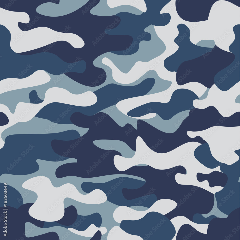 Seamless Camouflage pattern background. Classic clothing style masking camo  repeat print. Blue, navy cerulean grey colors forest texture. Design  element. Vector illustration. Stock Vector