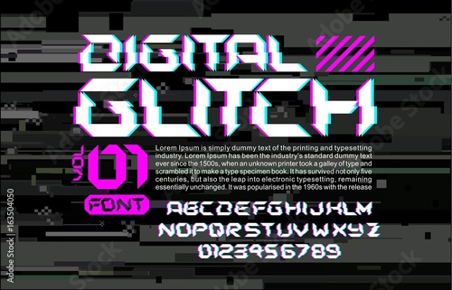 Glitch hi-tech space font lettering on digital glitch background cyberpunk style vector design composition with stereo vision effect