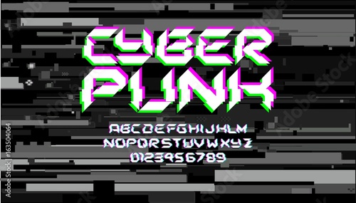 Glitch hi-tech space font lettering on digital glitch background cyberpunk style vector design composition with stereo vision effect