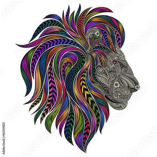 Fototapeta Naklejka Na Ścianę i Meble -  Silhouette of a beautiful vector lion from patterns with a color mane