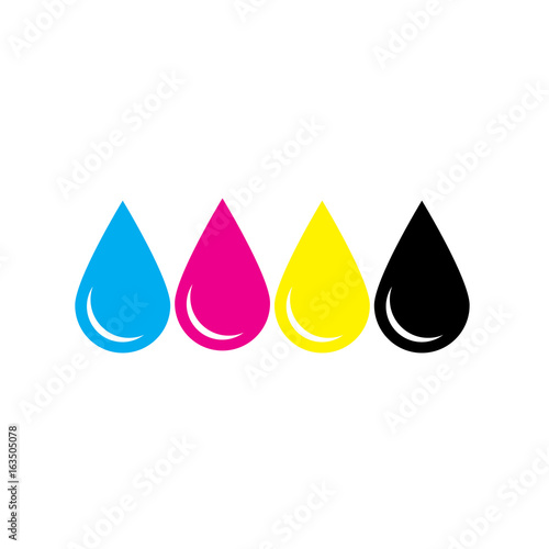 Ink drops in CMYK colors - cyan, magenta, yellow, key. Print design element theme. Simple flat vector illustration.